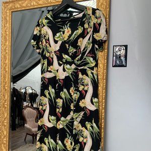 1940s Vintage Style Floral Bird Novelty Print Rayon Crepe Dress